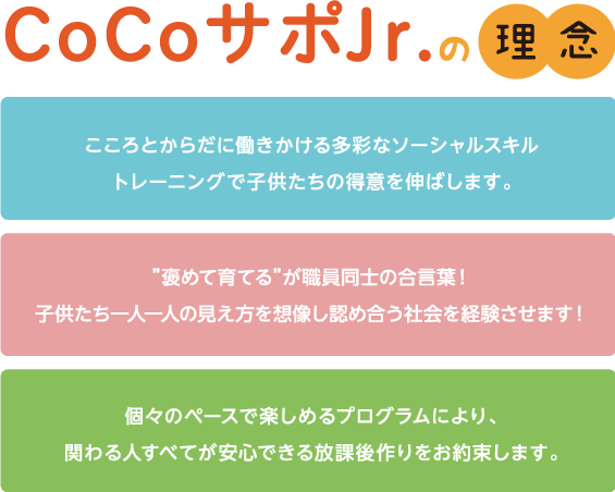 心と体に働きかける多彩なソーシャルスキルトレーニングで、子どもたちの得意を伸ばします! 褒めて育てるが職員同士の合言葉!子どもたち一人一人の見え方を想像し認め合う社会を経験させます！個々のペースで楽しめるプログラムにより、関わる人すべてが安心できる放課後作りをお約束します。 